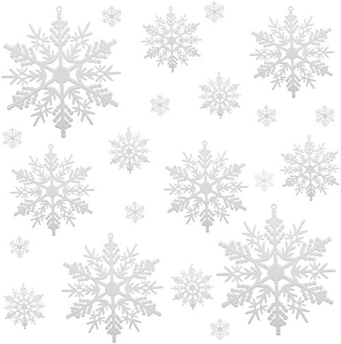 Naler 50 Adornos Colgantes de Plástico Copos de Nieve Colgantes Blancos Navideños para Decoración de Árbol de Navidad (Tamaño Mixto)