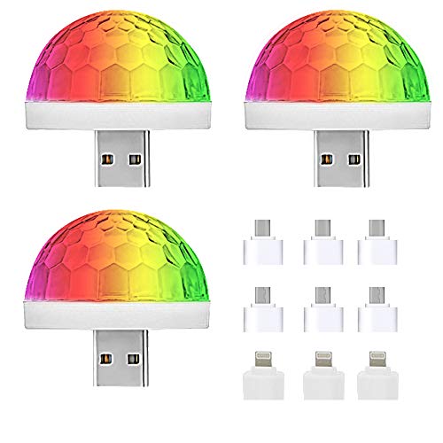 NEPAK 3 Pack Mini LED Car USB Atmosphere Light, Sound Mushroom Disco Mini LED Disco Ball Light Portable Home Party Stage Con tres tipos de adaptadores
