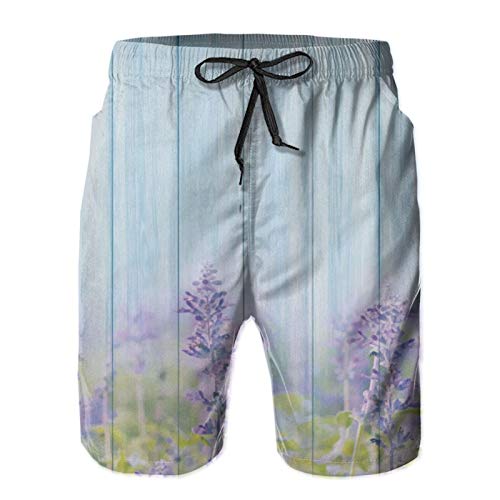 Olverz Pantalones cortos de playa para hombres Lavanda jardín en madera diseño transpirable trajes de baño casual trajes de baño