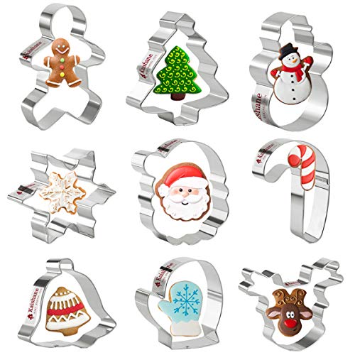 Olywee - Juego de 9 cortadores de galletas navideñas, diseño de árbol de Navidad, de jengibre, muñeco de nieve, ángel de campana, decoración para hornear de acero inoxidable