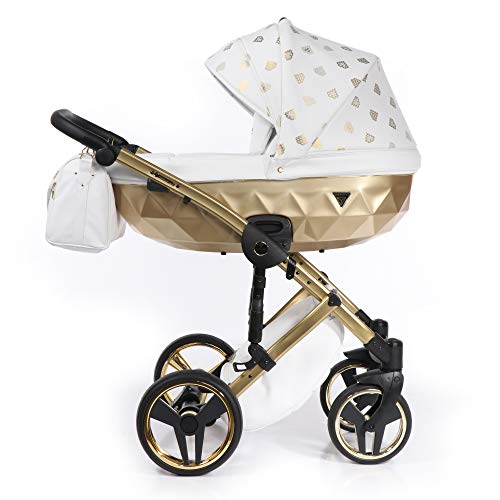 Original Junama Diamond Glow 2in1 3in1 4in1 + Sacos de Dormir + Guantes + Paraguas Sistema de Viaje Cochecito Combinado + Accesorios Originales Exclusive Prams (3in1, Blanco-Dorado 02)