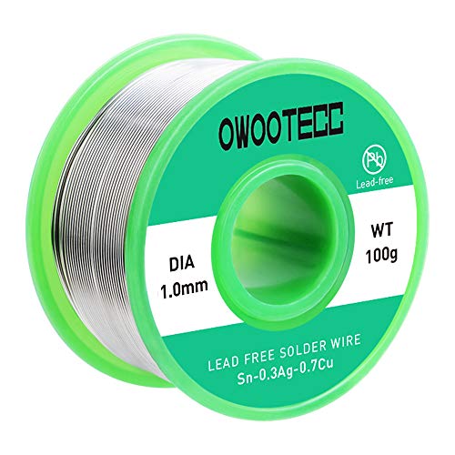 Owootecc 1,0 mm Alambre de soldadura con alambre de estaño de núcleo de colofonía, 100 g, Cu 0,7% Ag 0,3% para soldadura eléctrica y bricolaje