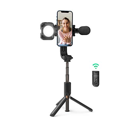Palo Selfie Trípode , BlitzWolf Selfie Stick Extensible con Luz y Micrófono para Vlogs Grabación de Video Transmisión en Vivo, Trípode Liviano con Bluetooth Inalámbrico para Teléfono Android iPhone