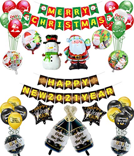 PIXHOTUL Reversible Merry Christmas y Happy New Year Banner y Globos Set, Guirnalda de pancartas de Doble Cara y 32 Globos para Navidad y Año Nuevo 2021 Decoraciones para Fiestas en casa