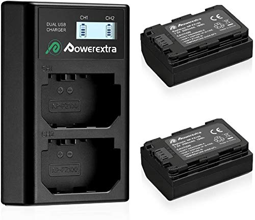 Powerextra Para NP-FZ100 2 baterías de repuesto de 2500 mAh y 1 cargador doble con pantalla LCD y puerto USB para Alpha 9 Alpha 9R Alpha 9S A7 III A7R3