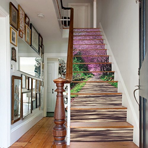 QTZS 3D Sakura Path Landscape Staircase Inicio Protección del Medio Ambiente Impermeable DIY Renovación Wallpaper Decorativo 13 Unids