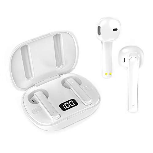 QueenDer Auriculares Bluetooth Inalámbricos 5.0 HiFi Estéreo Deportivos In Ear Auriculares con Micrófono Control para iPhone y Android (Blanco)