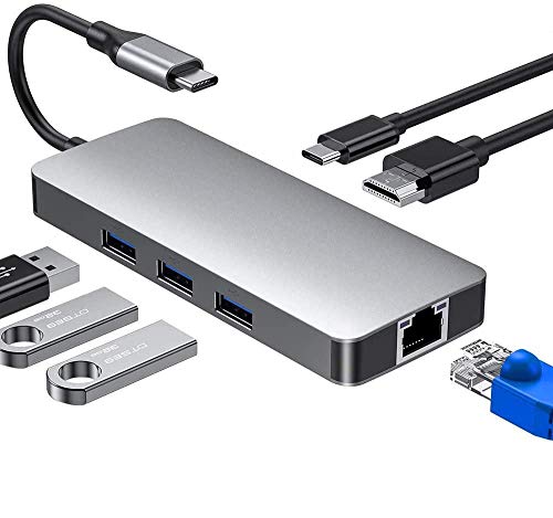 RAYROW Hub USB C, 8 en 1 Hub C con 4K HDMI, Puerto de Carga PD, 3 Puertos USB 3.0, Lector de Tarjetas SD/TF, RJ45 Gigabit Ethernet, convertidor portátil USB Tipo-C para Macbook, iMac y más (Grey)