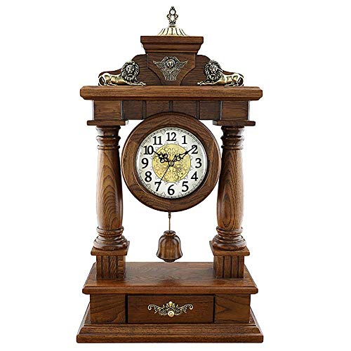 Reloj de sobremesa Reloj de Manto de Madera Maciza Hogar Antiguo Metal Tallado de león Decorativo Mudo Retro Decoración de habitación Relojes de Escritorio Regalo, Alimentado por batería