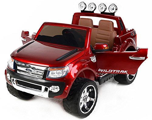 RIRICAR Ford Ranger Wildtrak de Lujo, Rojo Lacado, Producto BAJO Licencia, con Mando a Distancia 2.4Ghz Bluetooth, Apertura de Puertas y capó, os Asientos en Cuero, Ruedas EVA Suave