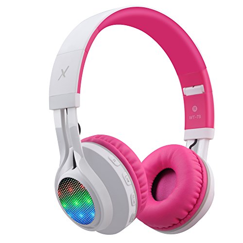 Riwbox WT-7S - Auriculares Bluetooth con LED Lingt Up estéreo Plegables con micrófono y Control de Volumen para PC/iPhone/TV/iPad (Rosa y Blanco)