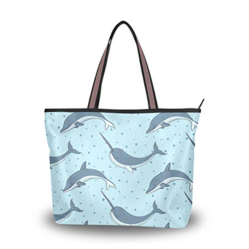 Rootti - Bolso de mano para mujer con cremallera, diseño de delfín, tamaño grande, para mujer, reutilizable, para trabajo, viajes, compras, con asa