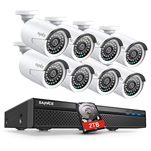 SANNCE 1080P Sistema de Seguridad PoE NVR 8CH 1080P y 8 Cámaras IP de vigilancia 2MP Visión Nocturna hasta 50m IP66 Impermeable Interior/Exterior-2TB HDD