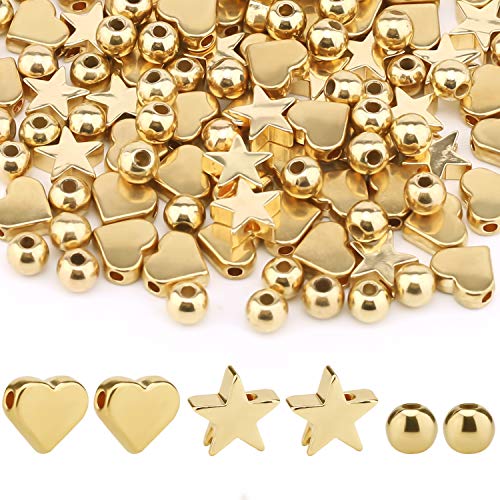 SAVITA 150 piezas Perlas de Espaciador en oro, Abalorios de Corazón en Forma de Estrella, Cuentas Espaciadoras Redondas para Hacer Pulseras de Joyería DIY