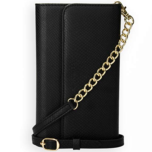 Selencia - Funda para iPhone 12 Mini con diseño de piel de serpiente - Funda para móvil con tapa trasera extraíble en negro [4 ranuras para tarjetas y correa para hombro]