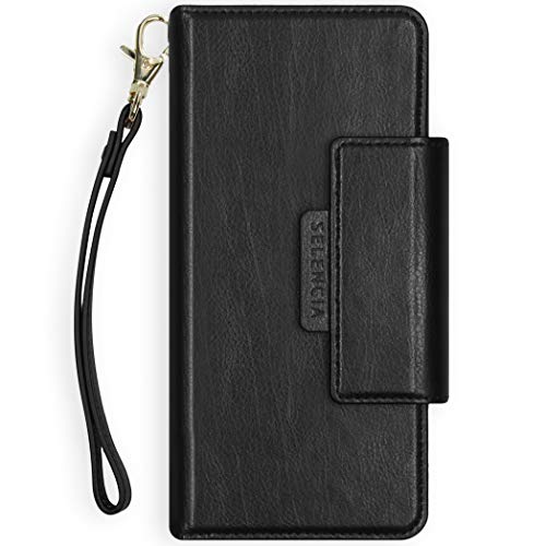 Selencia - Funda para iPhone 12 Mini - Surya Veganes Cuero 2 en 1 - Funda para móvil con tapa trasera extraíble en negro [4 ranuras para tarjetas y correa de mano]
