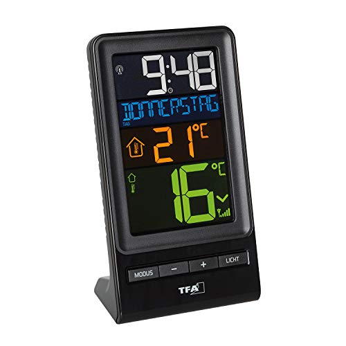 SELVA TFA - Termómetro inalámbrico con indicador de temperatura exterior e interior, máx. 100 m, incluye reloj radio, fecha y día de la semana, con pantalla a color y dos niveles de brillo