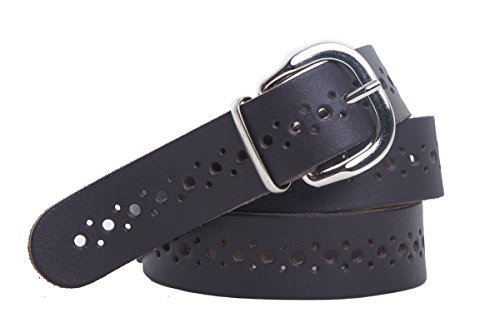 shenky - Cinturón de cuero perforado - 3 cm de ancho - Marrón oscuro - Cintura de 85 cm