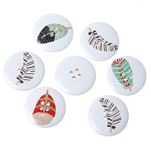 SiAura Material – 50 unidades de botones redondos de madera de pluma, 30 mm, color blanco y multicolor, 4 agujeros, para coser, manualidades y decoración