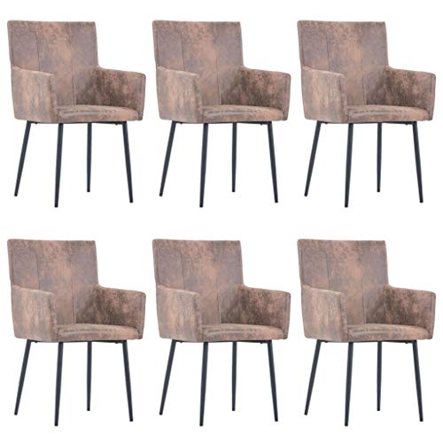 Sillas de Comedor reposabrazos 6 uds Piel Ante sintética marrón Sillas de Comedor reposabrazos 6 uds Piel Ante sintética marrón
