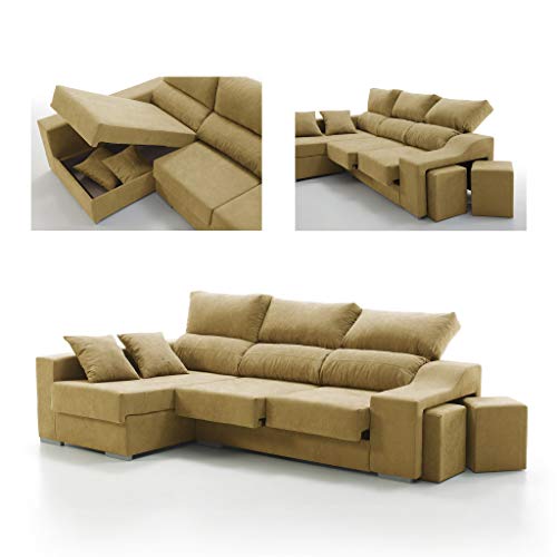 Sofá Chaise Longue Loki Izquierda 4 Plazas Mostaza Sistema Easy-Clean Arcón 2 Puffs Asientos Extensibles Tejido Desenfundable (Envío y Subida a Domicilio Incluidos)