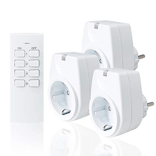 Sonsonai Juego de 3 enchufes inalámbricos con 1 mando a distancia, 70 m de alcance, 3500 W, programable, para decoración de interiores y electrodomésticos, color blanco