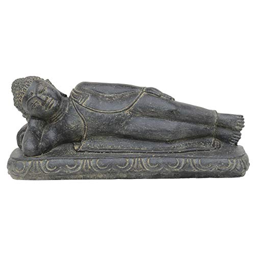 STONE art & more Figura de Buda tumbado (40 cm, piedra fundida), color negro antiguo, resistente a las heladas.
