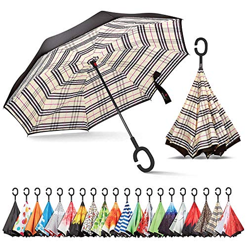 Sumeber Paraguas invertido de doble capa en forma de C, con asa invertida, paraguas plegable y antirayos UV, resistente al viento, con bolsa de transporte