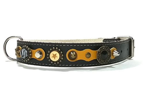 Superpipapo Original Collar para Perros, Todas Las Tallas, Correa Opcional, Cuero Amarillo, Negro y Plata Brillante con Piedras y Ornamentos, Grande, 55 cm X: Cuello 40-45 cm, Ancho 28mm