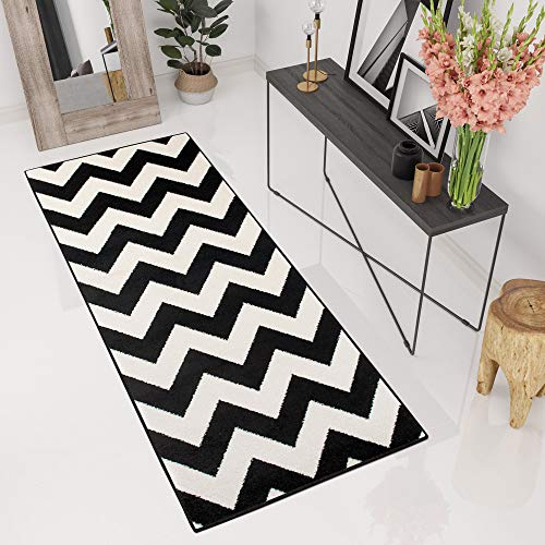 Tapiso Alfombra De Pasillo Moderna Colección Marroquí – Color Negro Diseño Geométrico Zigzag – Varias Medidas 100 x 720 cm