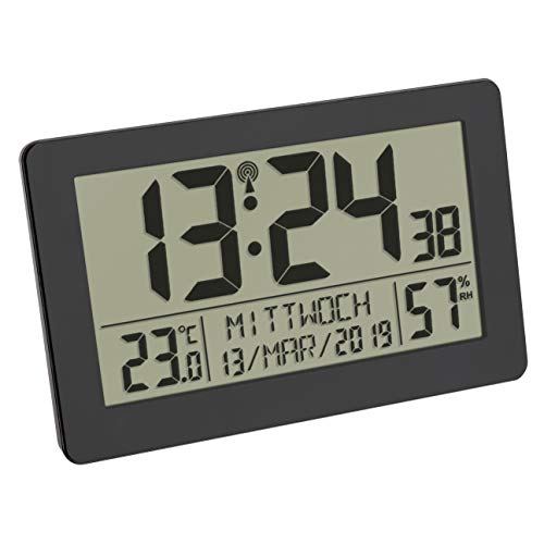 TFA Dostmann Reloj de Pared Digital controlado por Radio, Pantalla Grande, indicador de Temperatura, Fecha, día de la Semana, plástico, 215 x 40 x 170 mm