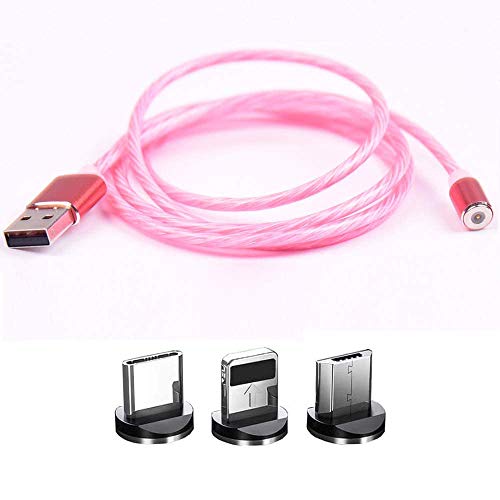 Top-Longer Cable de Carga USB Magnético con Luz LED de Flujo Visible, 3 En 1 Cables de Carga Micro USB Tipo C Cordones de Iluminación del Cable Conectores (Sin Transferencia de Datos) Rosa 1m