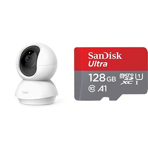 TP-Link - Cámara IP WiFi 360º, Cámara de Vigilancia FHD 1080p, Visión Nocturna, Admite Tarjeta SD + SanDisk SDSQUA4-128G-GN6MA, Clase 10, U1, 128 GB, Rojo/Gris