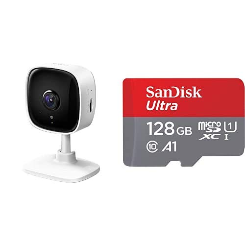 TP-Link IP Cámara Vigilancia WiFi Interior, Ideal para Mirar Bebés o Mascotas, Almacenamiento SD Tapo C100 + SanDisk SDSQUA4-128G-GN6MA Clase 10, U1, 128 GB, Rojo/Gris