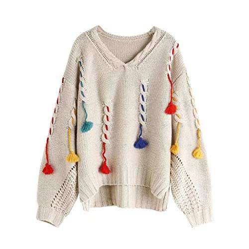 TWDYC Suéter Suelto con borlas Otoño Invierno Suéteres para Mujer Suéter con Cuello en V Profundo Suéteres para Mujer (Size : XL-Length 45CM) TWDYC Suéter Suelto con borlas Otoño Invierno Suéteres para Mujer Suéter con Cuello en V Profundo Suéteres para Mujer (Size : XL-Length 45CM)