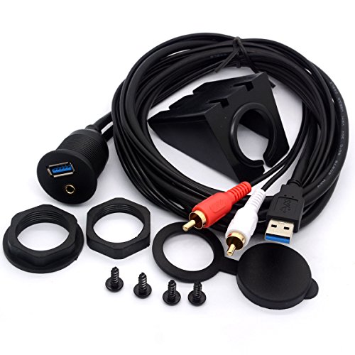 USB RCA Flush Mount Cable USB 3.0 y 3.5mm AUX 2 RCA macho a USB y 1/8 Audio estéreo Femenino tablero panel de montaje de código de extensión para coche Bike Boat Motor (2 Meter)