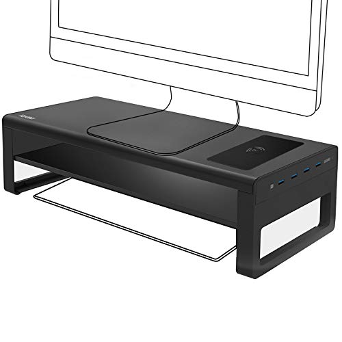 Vaydeer soporte monitor de carga inalámbrica de 2 niveles con 4 concentradores USB 3.0 Soporte monitor mesa admite transferencia de datos, Metal elevador monitor de hasta 32 pulgadas para PC, portátil