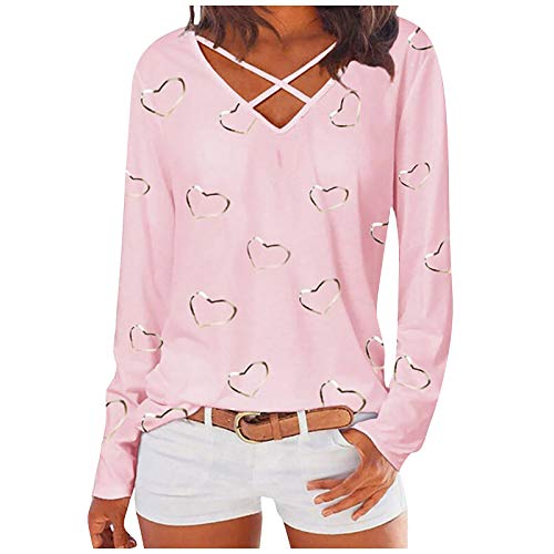 VEMOW Blusas y Camisas de Mujer Manga Larga con Cuello en V, 2021 Moda Ropa de Elegante Verano Camisa Camiseta Corazón Impreso Casual Suelta Túnica Tops Jersey Largo Diseño Cruzado(Rosa,3XL)
