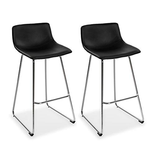 Versa 21330016 Set 2 Taburetes de Bar Plymouth Color Negro con Asiento Fijo de Polipiel y Patas de Metal en Color Plateado 92 x 43 x 48 cm