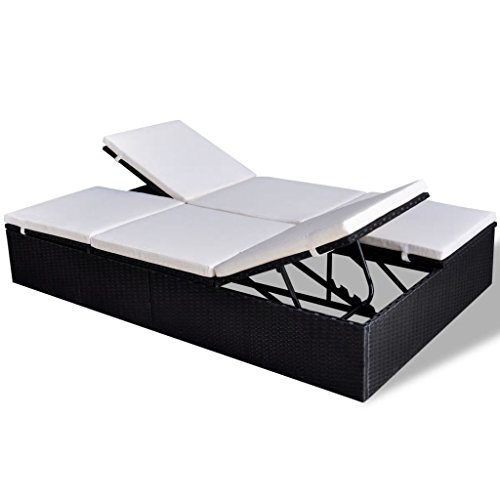 vidaXL Tumbona Doble Ajustable de Jardín de Poli Ratán Sintético Negro con Cojín Blanco Asiento de Exterior Hamaca de Piscina Material Tipo Mimbre