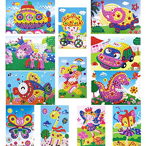 WENTS Niños DIY Mosaico Pegatinas, Creativo Dibujos Animados eva Mosaico Pegatina Manualidades educativas Juguetes,Puzzles Hechos a Mano Kits- 12 imágenes Diferentes