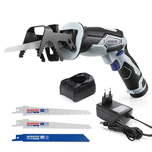 WORKPRO Sierra Sable Inalámbrica, Sierra Alternativa 12 V con Batería de 2000 mAh, Velocidad Variable, Carga Rápida 1 Hora, Podadora Inalámbrica con 3 Hojas de Sierra para Cortar Madera, Metal WORKPRO Sierra Sable Inalámbrica, Sierra Alternativa 12 V con Batería de 2000 mAh, Velocidad Variable, Carga Rápida 1 Hora, Podadora Inalámbrica con 3 Hojas de Sierra para Cortar Madera, Metal