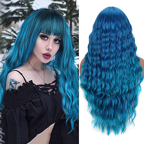 YEESHEDO Peluca Larga Azul Ombre Ondulada Larga Ondas Naturales con flequillo Pelucas para mujer, Vida diaria Cosplay Fiestas Halloween Navidad 28"