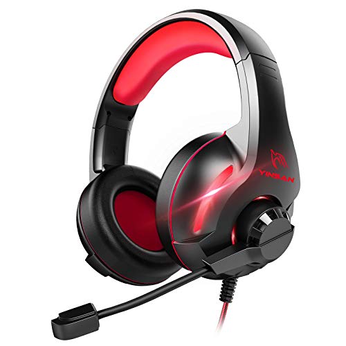 Yinsan TM-7 - Auriculares para videojuegos con micrófono y graves estéreo, control de volumen, iluminación LED para videojuegos para PC Xbox, rojo