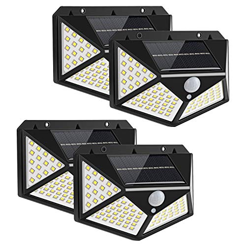 Yizhet Luz Solar Exterior, 4 Piezas 100 LED Foco Solar Exterior con Sensor de Movimiento Luces Solares Gran Ángulo 270º Iluminación Impermeable Lámpara Solar 3 Modos para Jardín, Patio, Garaje