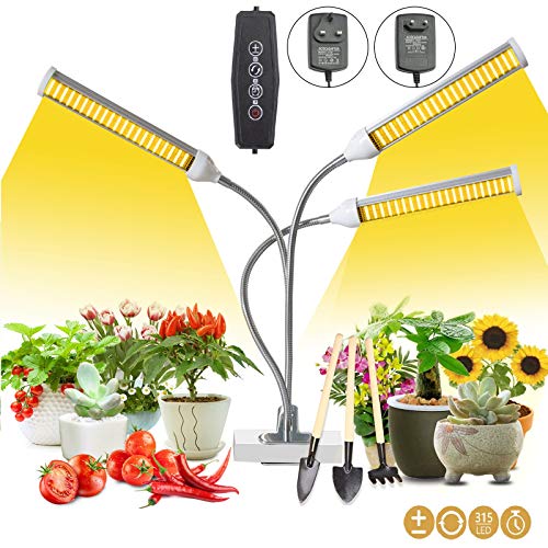 YMHPRIDE Luz LED para plantas, Luz solar de espectro completo La planta crece ligera para plantas de interior, Lámpara de planta de 3 cabezas 315 LED con temporizador automático 5 nivel de atenuación