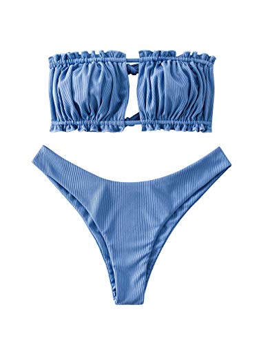 Zaful - Conjunto de bikini para mujer, banda sin hombros, con cordón y traje de baño de color liso con rulos Blu Seta. L