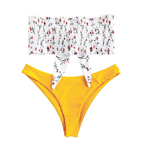 Zaful - Conjunto de bikini tipo banda sin tirantes ni forro, plisado y elástico, con diseño floral y anudado amarillo S