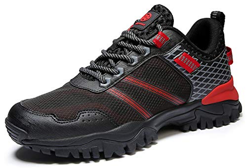Zapatillas de Trail Running para Hombre Mujer Zapatos para Correr y Aire Libre y Deportes Calzado Deportivos Gimnasio Sneakers - Negro Rojo B - 48 EU
