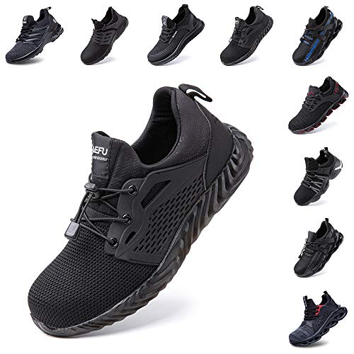 Zapatos de Seguridad Hombre Mujer Zapatillas de Trabajo con Punta de Acero Ligeros Calzado de Industrial y Deportivos Sneaker Negro Azul Gris Número 36-48 EU Negro 42